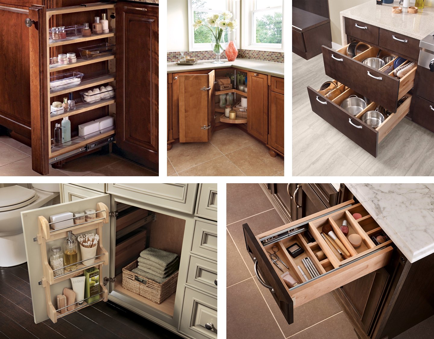 Collage of kitchen cabinets and drawers open to show organized storage solutions for spices, pots, utensils, towels, and kitchen tools in various wood finishes—offering inspiration much like bathroom remodeling benefits for efficient home spaces. Collage of kitchen cabinets and drawers open to show organized storage solutions for spices, pots, utensils, towels, and kitchen tools in various wood finishes—offering inspiration much like bathroom remodeling benefits for efficient home spaces.