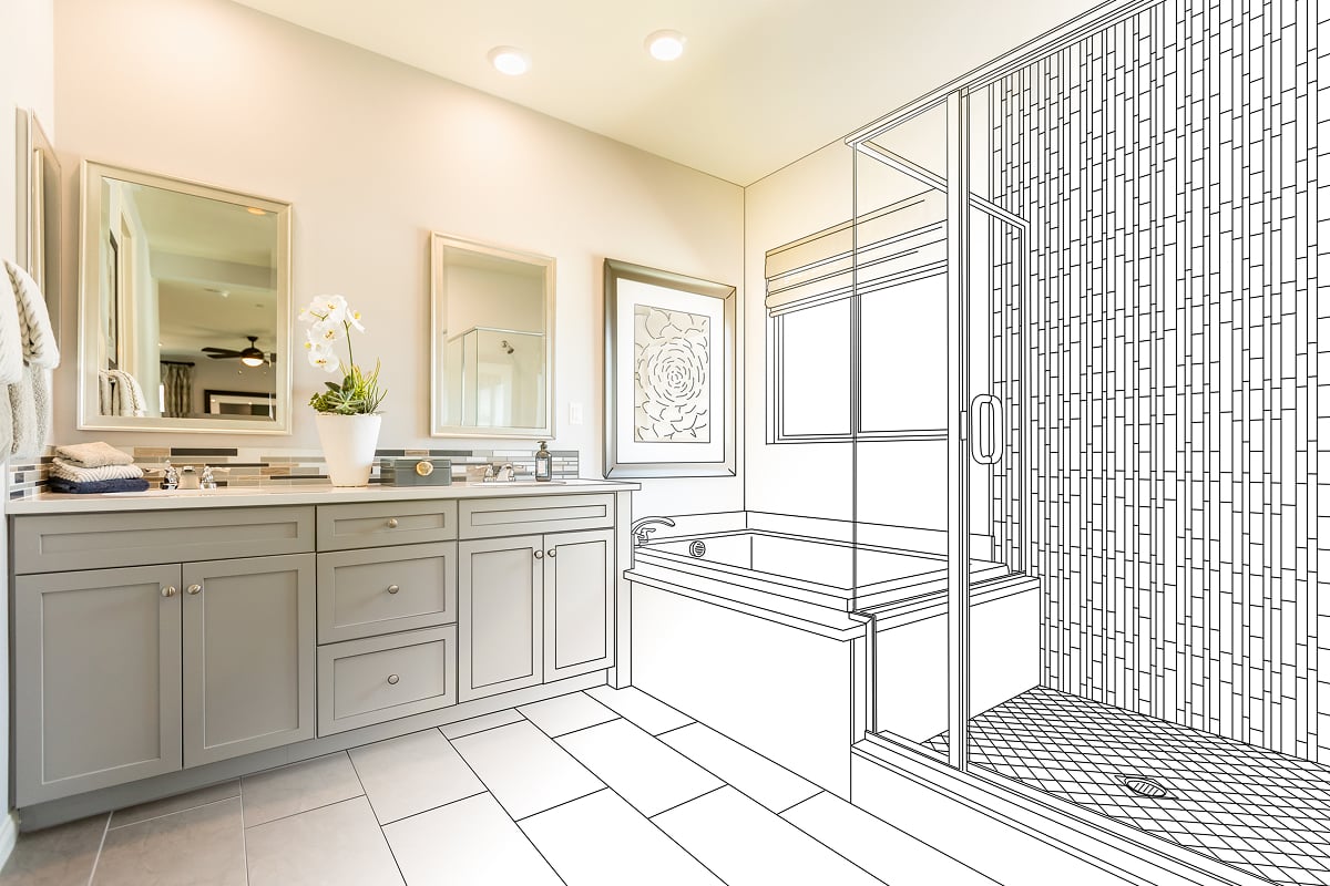 A modern bathroom showcases a real vanity with mirrors and decor on the left, while the right features sketched bathtub and shower—highlighting the creative possibilities of bathroom remodeling by blending real and illustrated design elements.