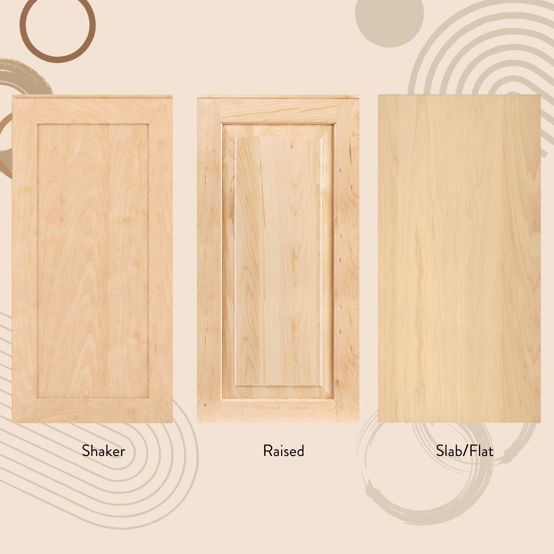 Three light wood cabinet doors side by side—perfect for your kitchen remodel: Shaker with a simple recessed panel, Raised with a decorative center, and Slab/Flat with a smooth surface. Each style is clearly labeled below the door.