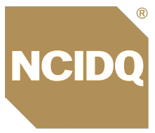 Gold NCIDQ logo with white, bold letters on a gold, rectangular background with one clipped corner, perfect for showcasing interior design expertise in projects like a kitchen remodel. A small registered trademark symbol appears in the upper right corner.