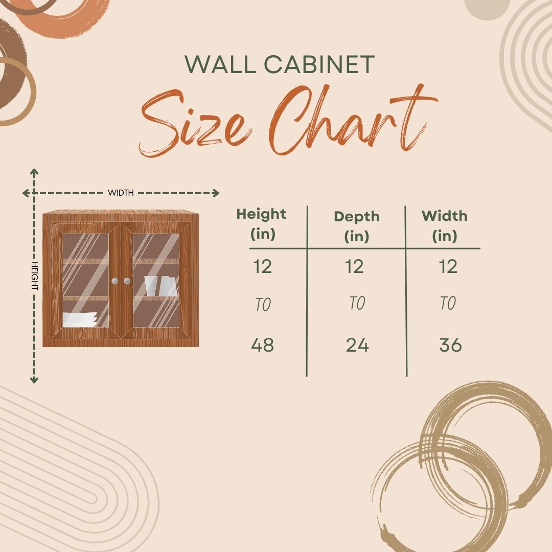 Wall cabinet size chart for your kitchen remodel, featuring a cabinet with glass doors and shelves. Chart lists height: 12–48 inches, depth: 12–24 inches, width: 12–36 inches. Decorative abstract designs in the background.