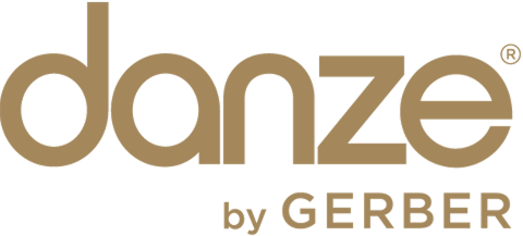 The image shows the danze by GERBER logo in gold lettering on a transparent background—perfect inspiration for your next kitchen remodel. Danze is in a large, lowercase font, with by GERBER smaller and underneath on the right.
