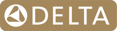 The image shows the Delta logo with a stylized triangular symbol on the left and the word DELTA in bold black letters on a gold background, evoking inspiration for your next kitchen remodel.