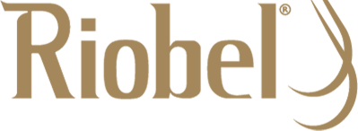Riobel logo in gold lettering with a stylized curved line design on the right side—perfect for adding a touch of luxury to your kitchen remodel.