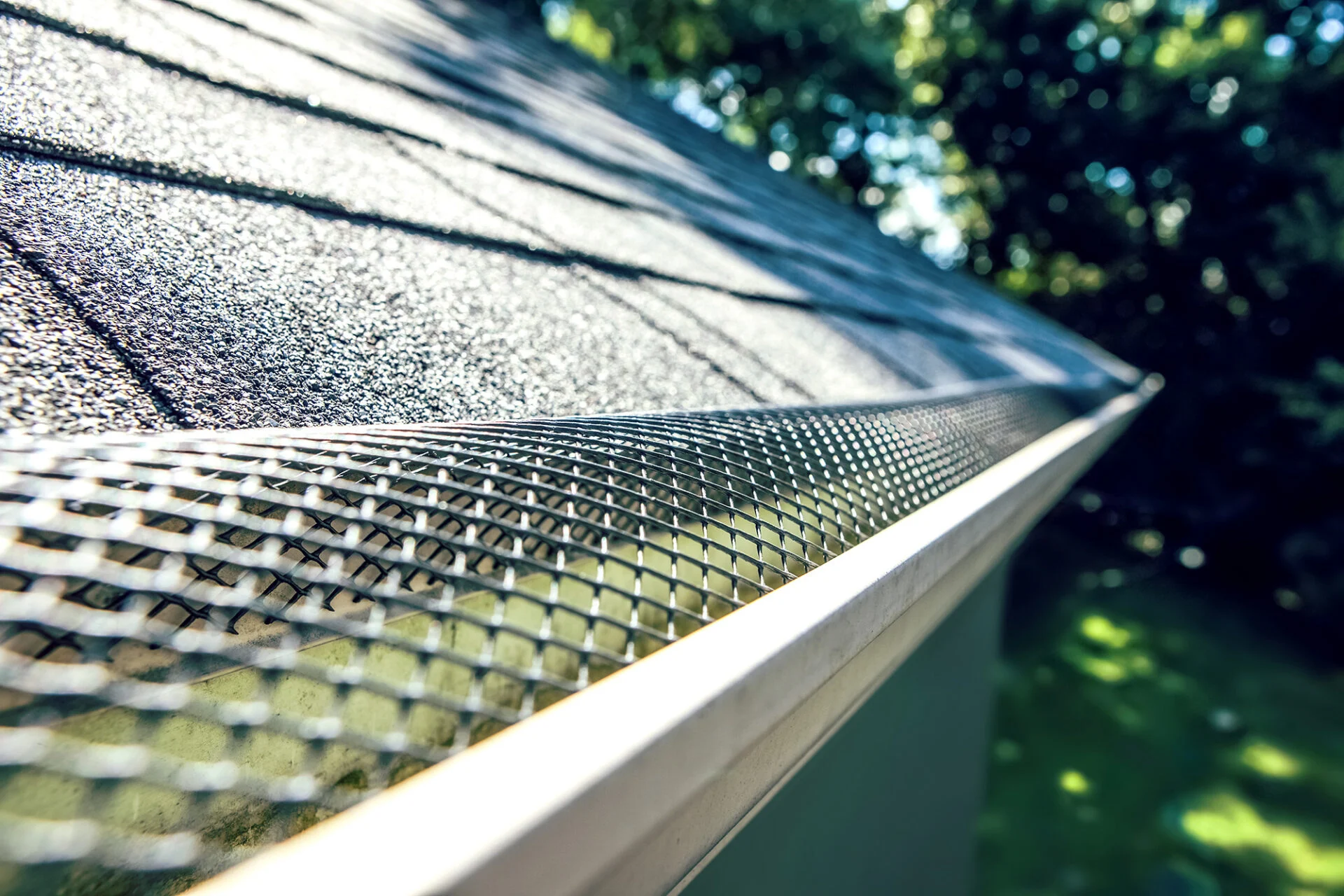 Close-up of a house roof’s edge with a metal mesh gutter guard installed to keep debris out of the gutter; perfect for homes undergoing updates like a kitchen remodel. Trees and grass are visible in the blurred background. Close-up of a house roof’s edge with a metal mesh gutter guard installed to keep debris out of the gutter; perfect for homes undergoing updates like a kitchen remodel. Trees and grass are visible in the blurred background.