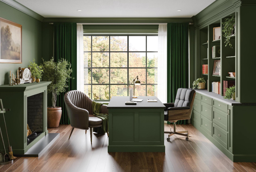 A vintage office interior with a large window and desk.