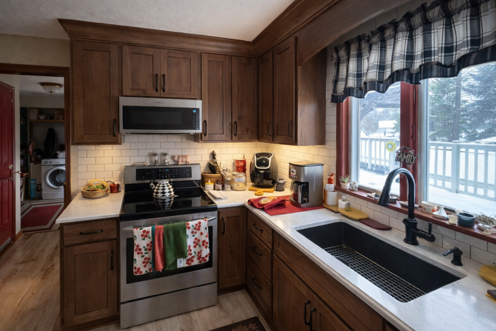 A kitchen with brown cabinets and white countertops. The kitchen has a sink, stove, and microwave.