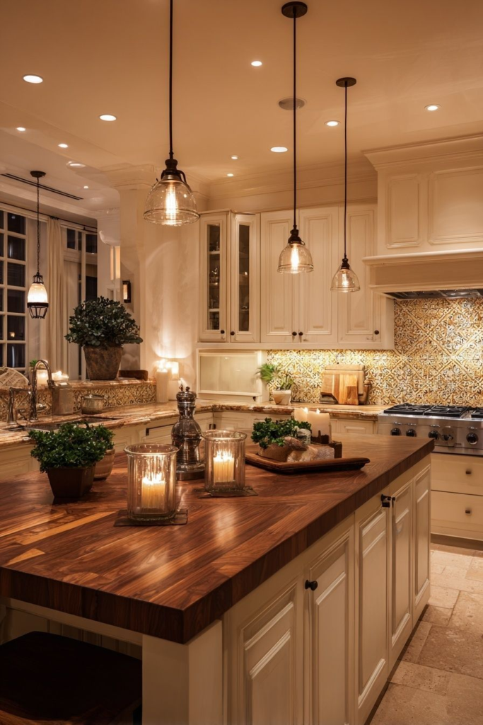 a kitchen island with candles and plants on it. A kitchen with white cabinets and a wooden island.