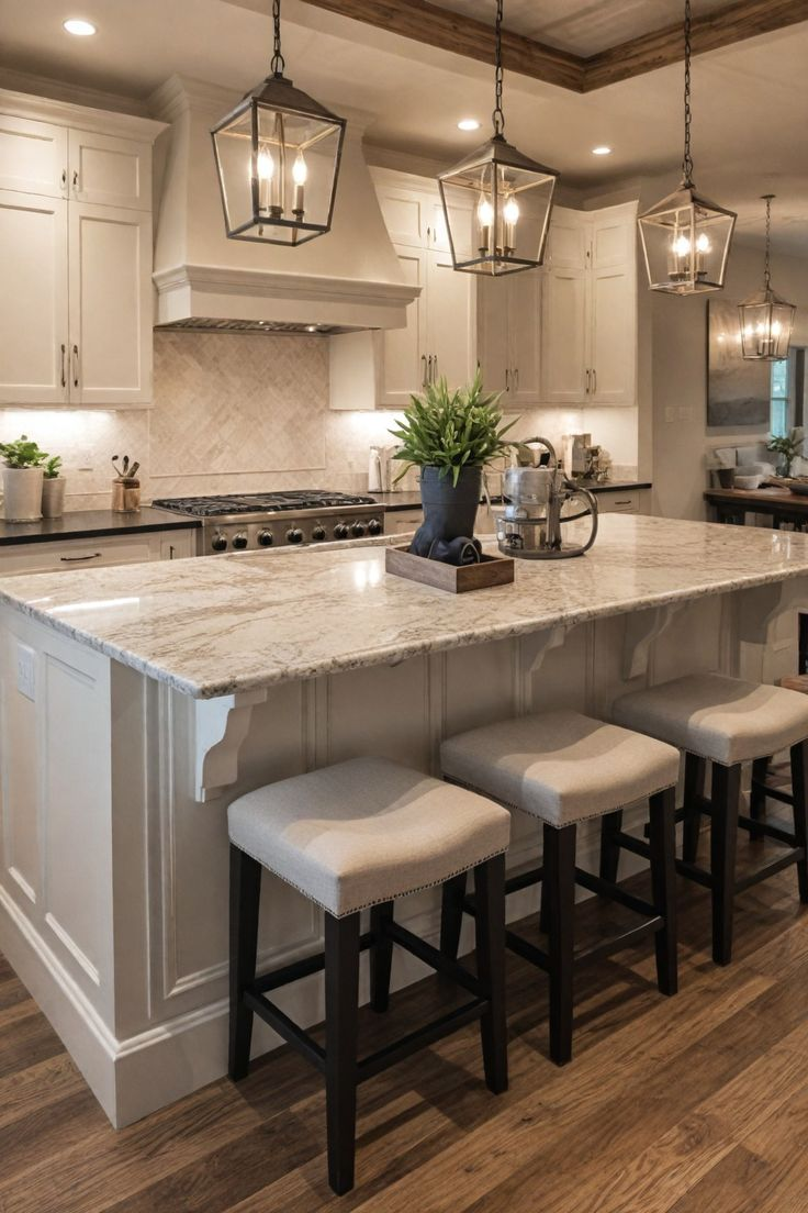 A kitchen island with a marble countertop and three stools. The island is surrounded by white cabinets and pendant lights.