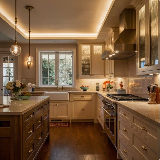 A modern kitchen with a center island, stainless steel appliances, and pendant lighting.