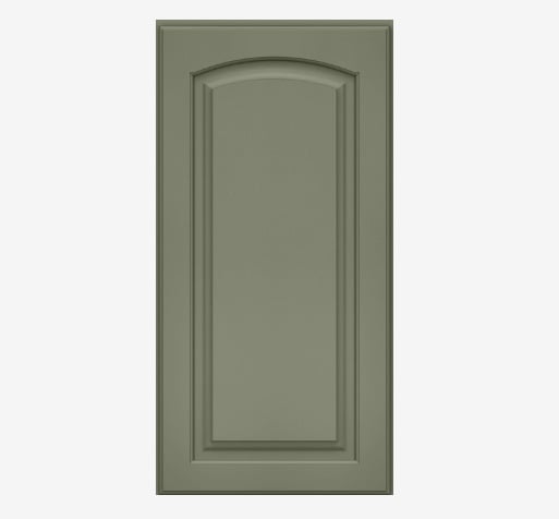 A sage green cabinet door with a raised panel. The door features a simple yet elegant design.