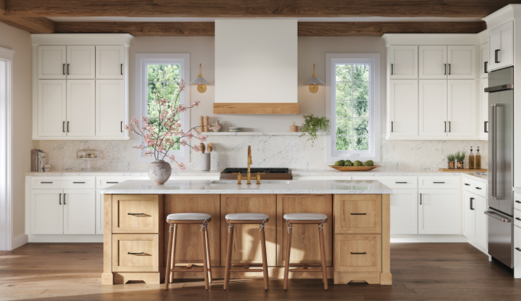 Black and white photo of kitchen with island
