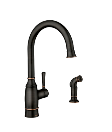 A black kitchen faucet with copper accents and a matching spray nozzle.