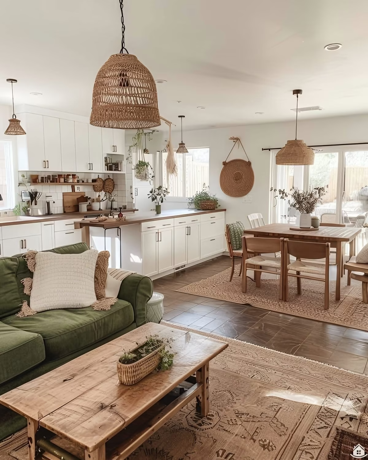 A green couch and wooden coffee table in a living room with a kitchen and dining area in the background. Natural light fills the space.