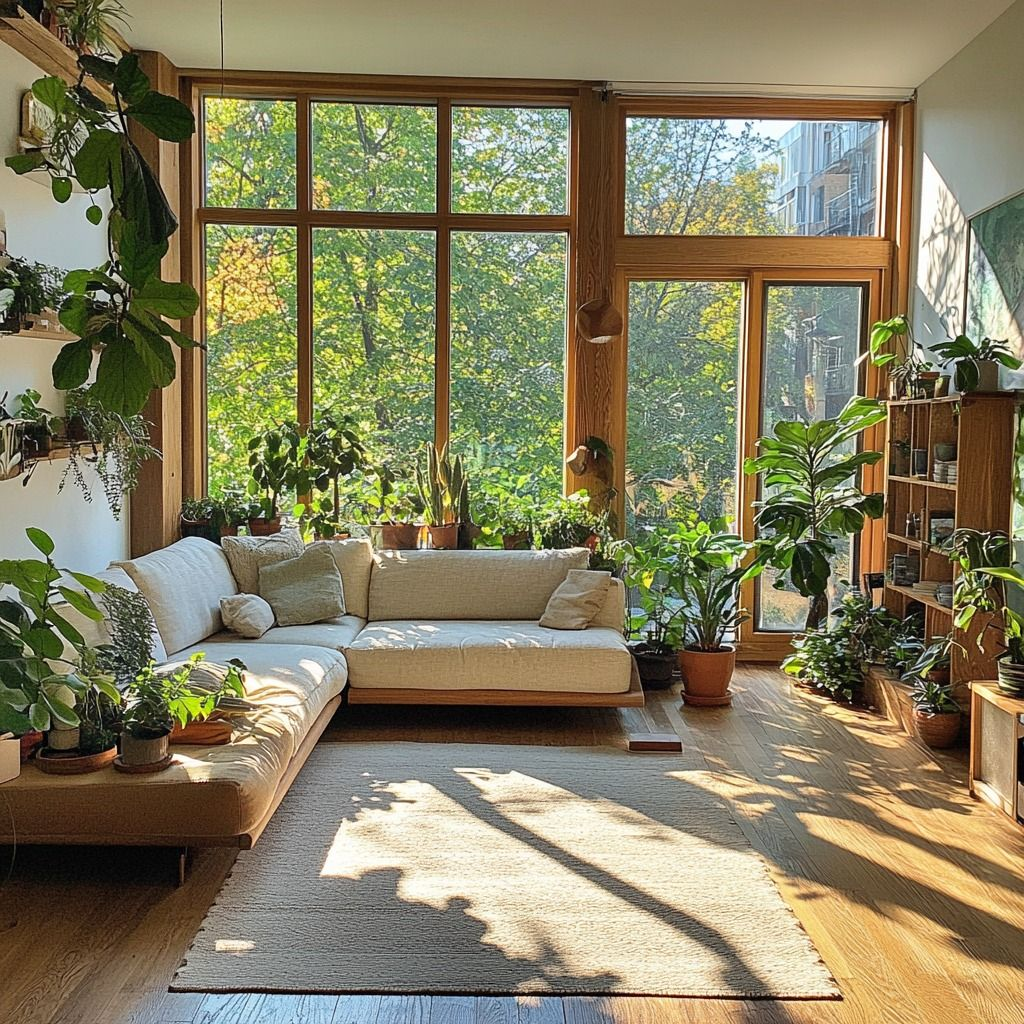 A living room with a white couch and many plants. Natural light fills the room.