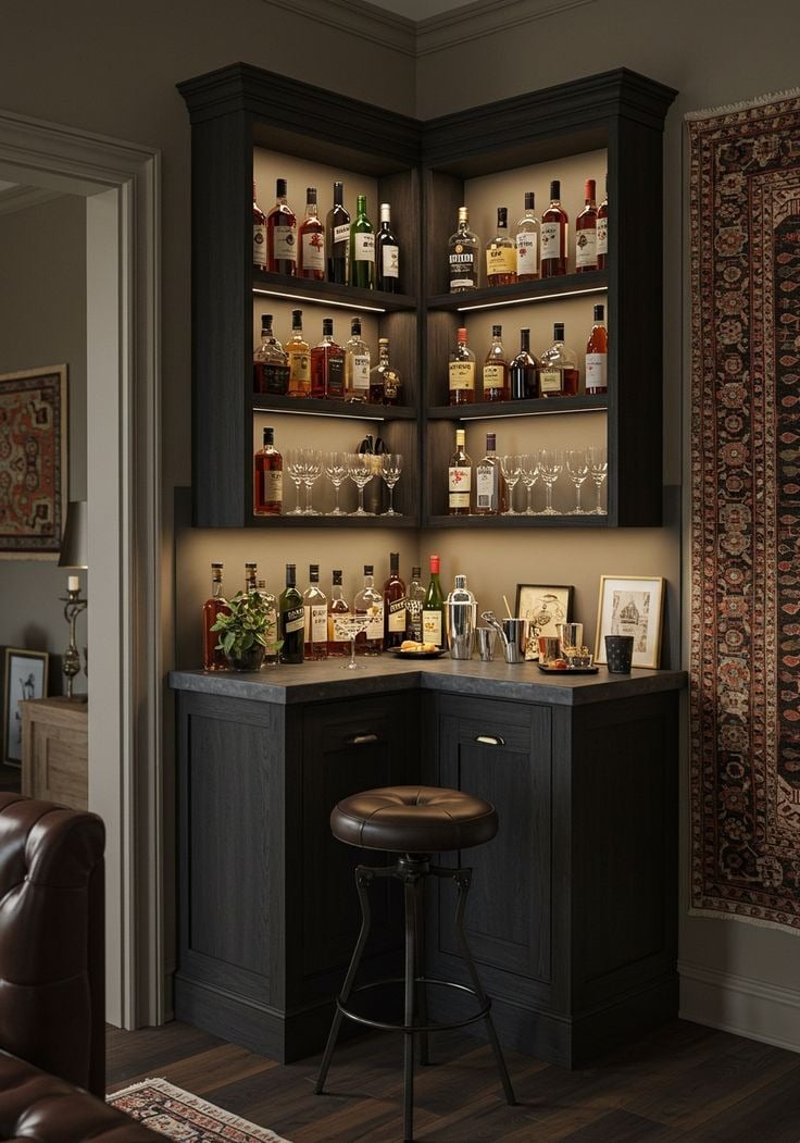 Home bar with various bottles and glasses on shelves. A dark wood stool sits in front.
