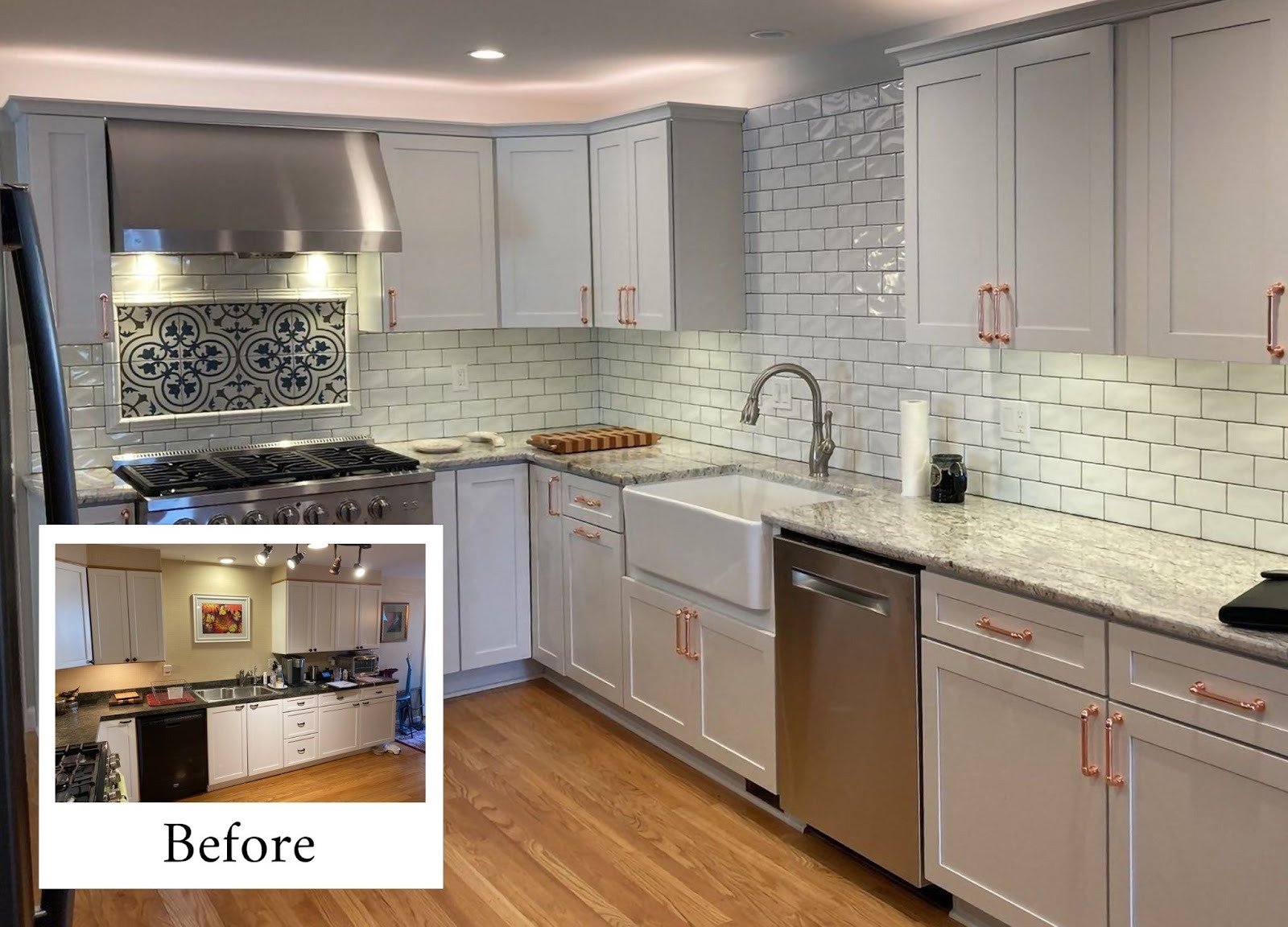 Before and after of a kitchen renovation. A smaller inset image shows the old kitchen.