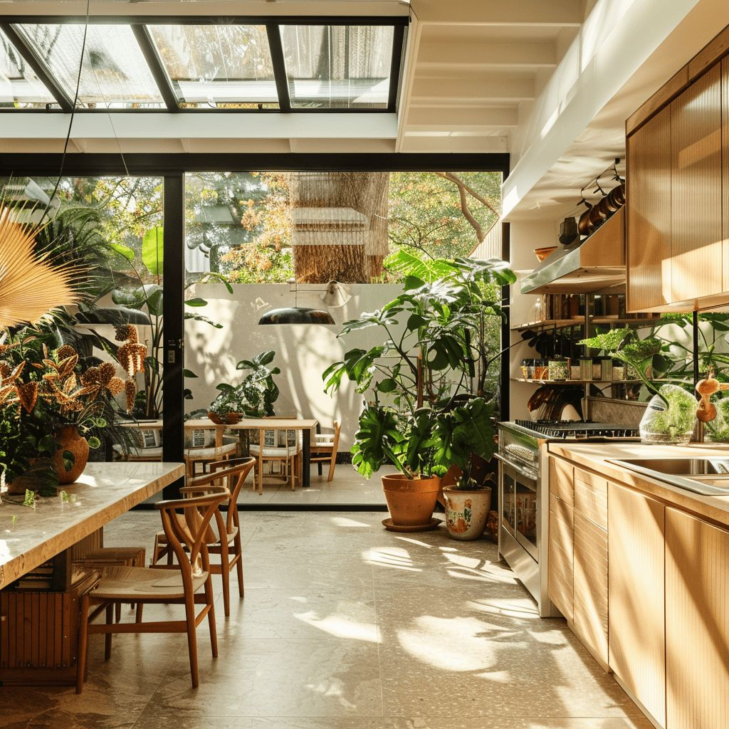 A kitchen with a skylight and plants