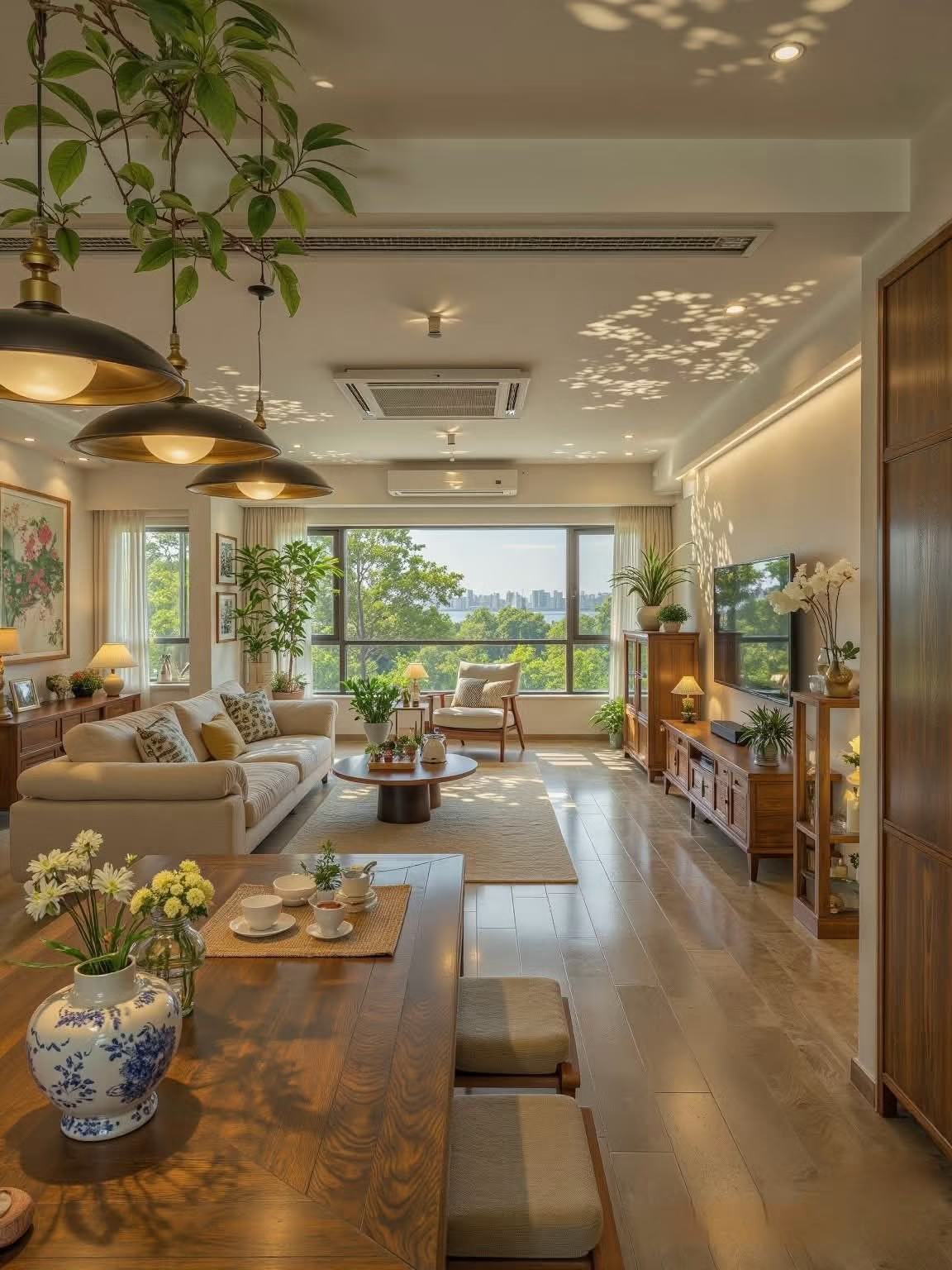 A modern living room with a dining area and a view of trees outside. The room is well lit with natural light.