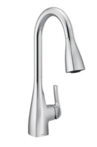 A sleek, silver kitchen faucet with a single handle