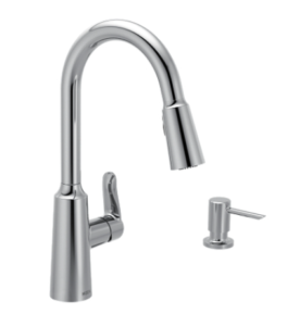 A sleek, modern kitchen faucet. The faucet features a single handle.