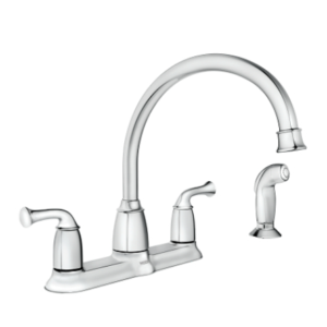 A sleek kitchen faucet with a pull-out sprayer. The faucet features a modern design with two handles.