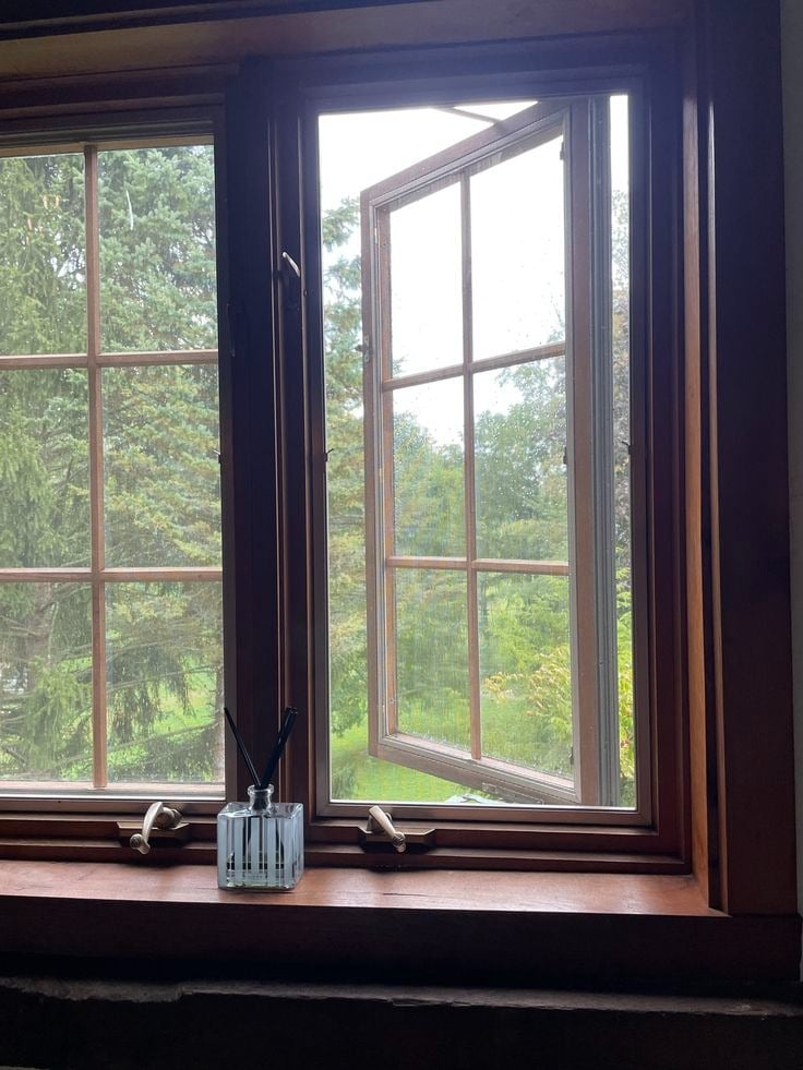 open window with view of green trees. The window is brown and has a grid pattern.