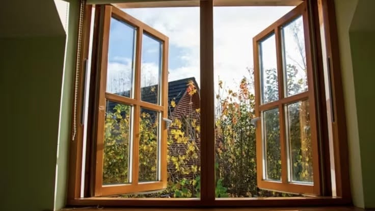 Open wooden window with a view of trees and sky. Natural scenery outside.