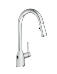 A sleek, modern silver kitchen faucet. Perfect for kitchen renovation.