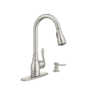 A sleek silver kitchen faucet. It has a single handle.