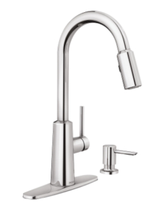 A sleek, modern silver kitchen faucet with a single handle. The faucet features a tall, curved neck.