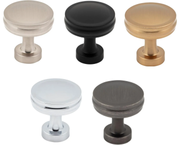 Five cabinet knobs in different colors