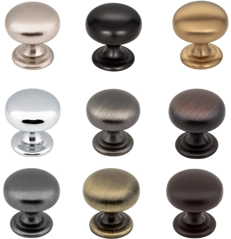 A collection of round cabinet knobs in various metallic finishes. The knobs come in multiple colors including gold, silver, black, and bronze.