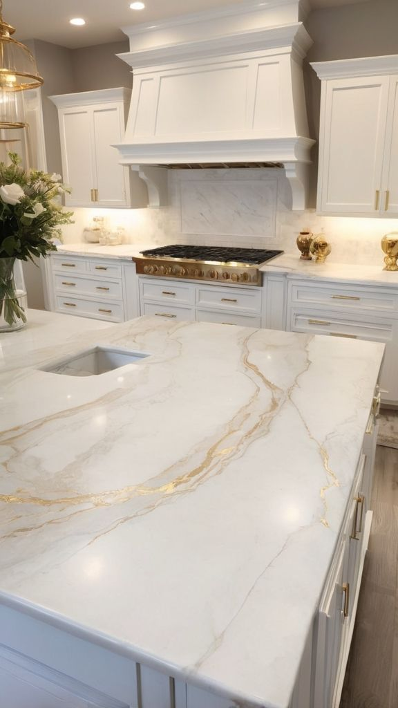 A beautiful kitchen with white marble countertops and gold accents. Modern kitchen design