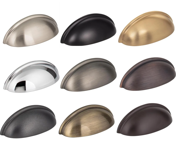 Eight different cabinet handles in various metallic finishes. Handles come in silver, black, gold, brown, and gray.
