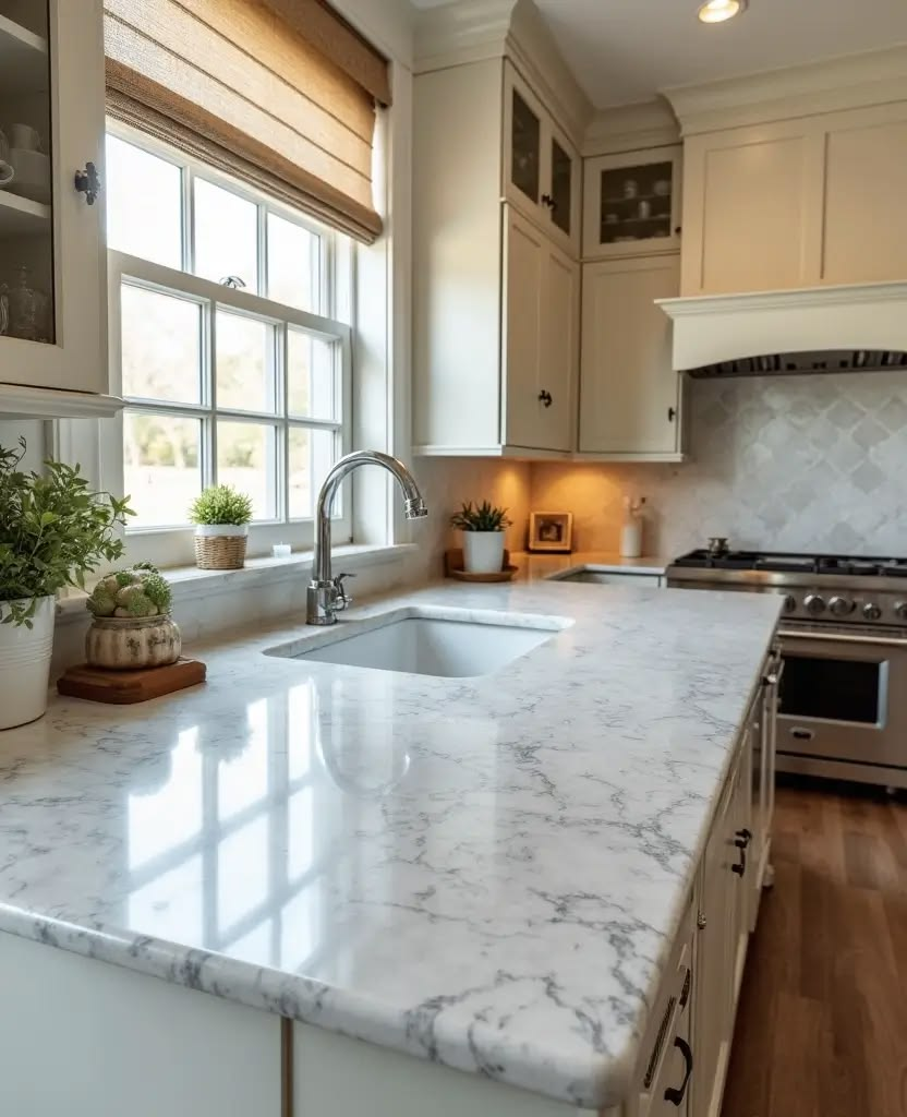 A modern kitchen with a white marble countertop and sink area. The kitchen features white cabinets and a stainless steel oven.
