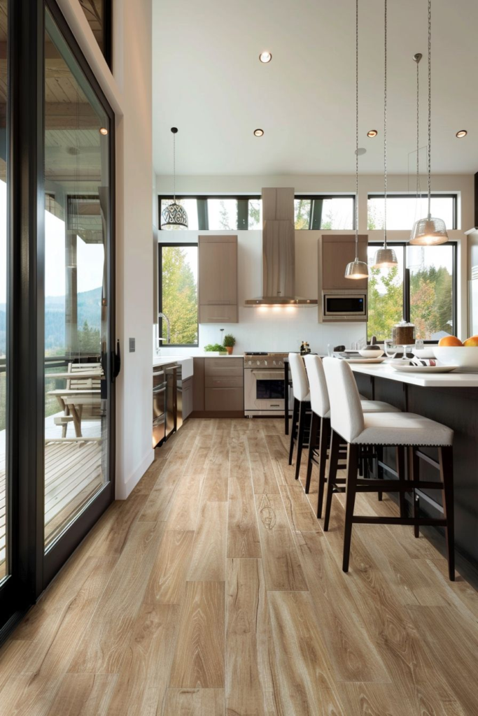 Modern kitchen interior with island and wooden flooring. Kitchen with large windows.