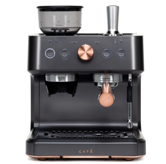 A sleek black coffee machine with copper accents and a control panel.