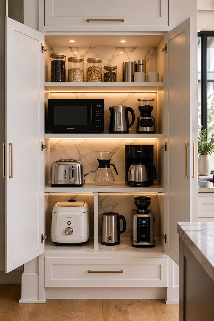 Coffee station inside cabinet