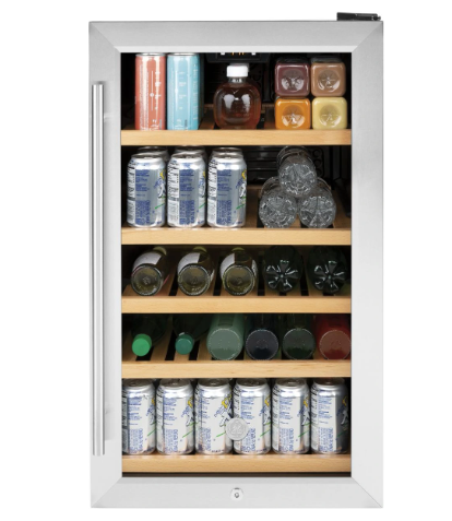 A mini fridge with a glass door stocked with cans and bottles of drinks. The fridge has a white frame.