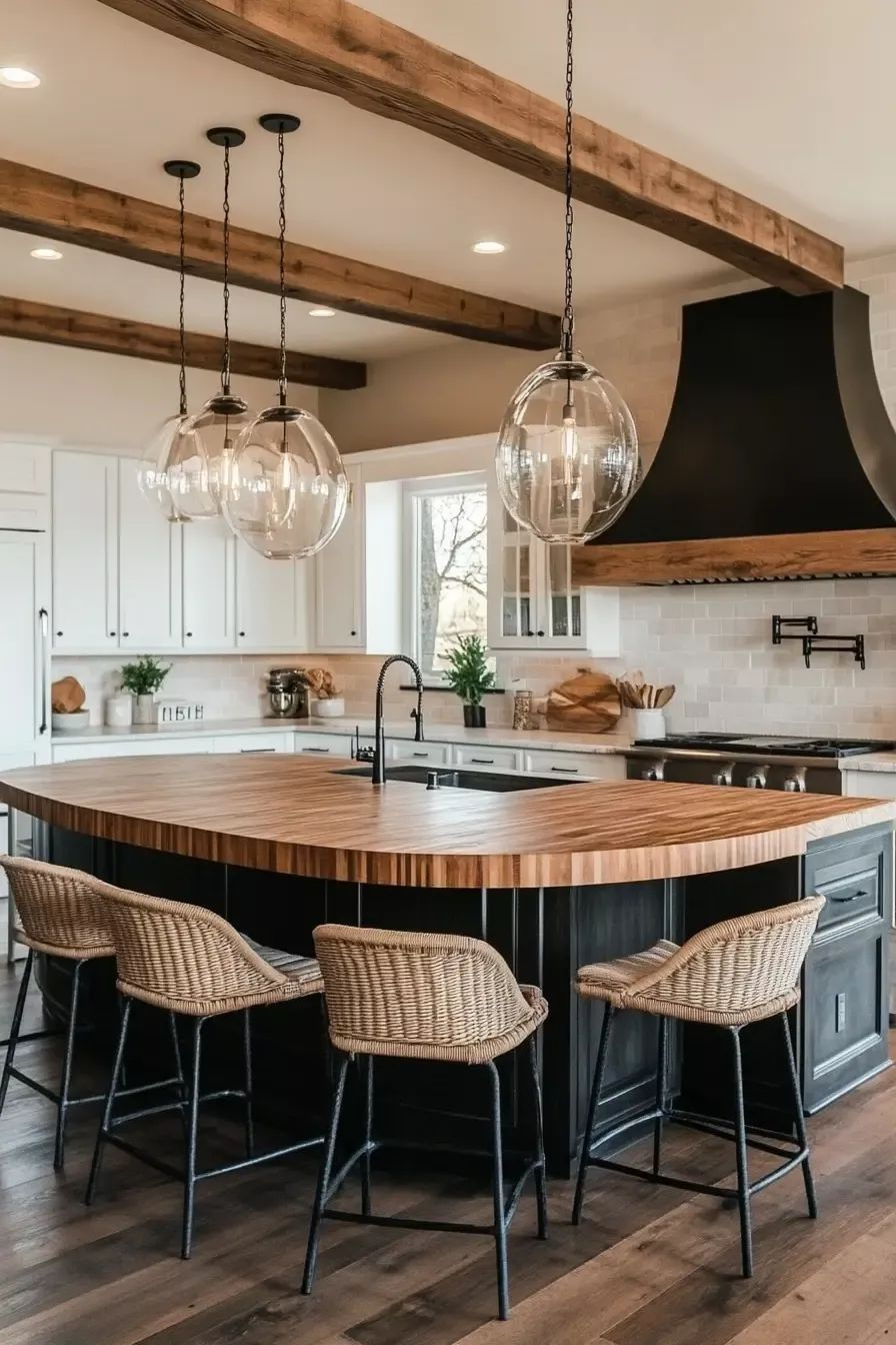 A modern kitchen with a large island and bar chairs. The kitchen features a wooden island with a sink and three bar chairs.