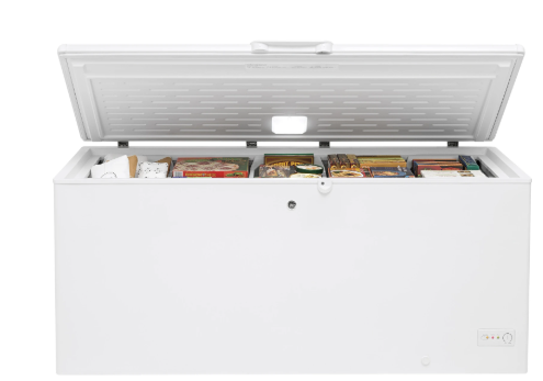 A white chest freezer with its lid open, showing frozen food inside. The freezer is designed for storing frozen items.