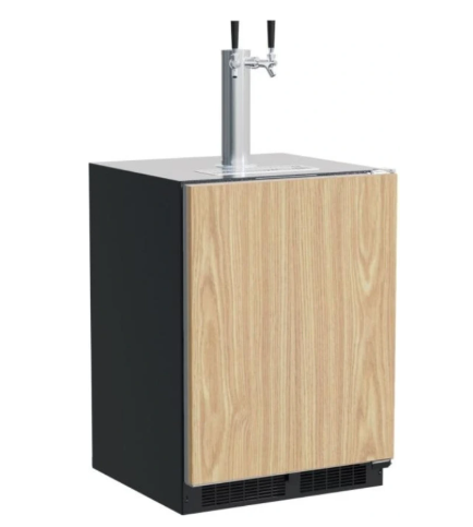 A kegerator with a wooden panel and two taps on top. It has a black body.