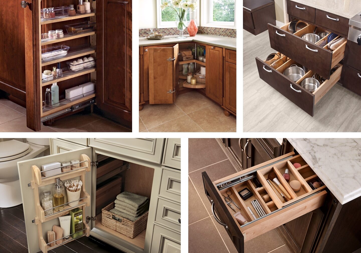 Collage of kitchen cabinets and drawers open to show organized storage solutions for spices, pots, utensils, towels, and kitchen tools in various wood finishes—offering inspiration much like bathroom remodeling benefits for efficient home spaces.